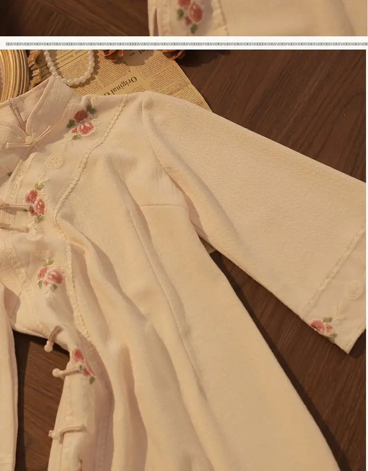 Apricot Cheongsam Qipao Embroidered Long Sleeve 2023 Autumn/Winter New Girls' Improved Daily Party Youth Style Elegant Dress - Seprincess