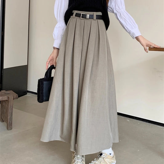 2023 New Korean Skirt Women Solid Color Versatile Mid-length Pleated Skirt Large Swing Type Skirt Female Long Skirts for Women - Seprincess