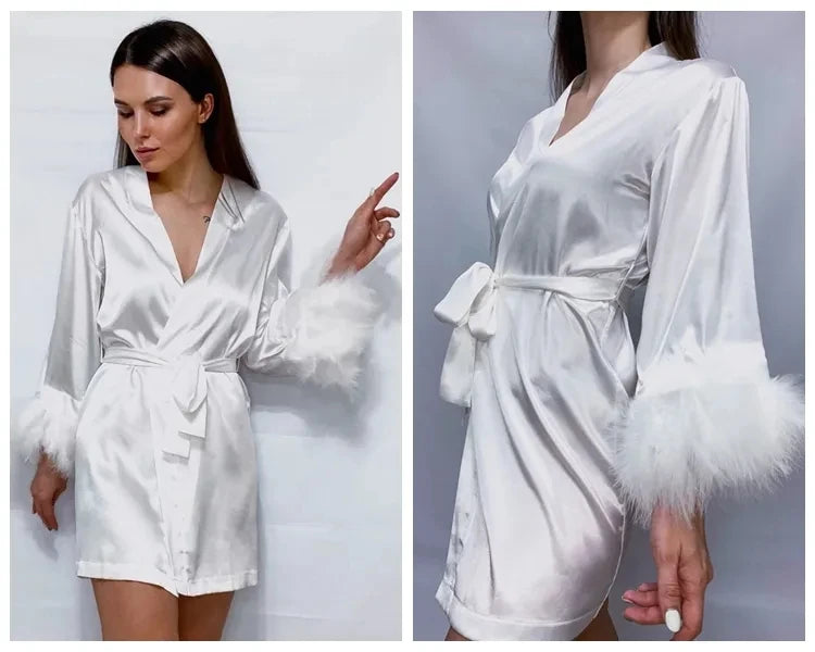 White Feather Robe With Fur Full Sleeves Sleepwear Satin Robes For Women Nightgown Bride Robe Gown Dress Bathrobe Female - Seprincess