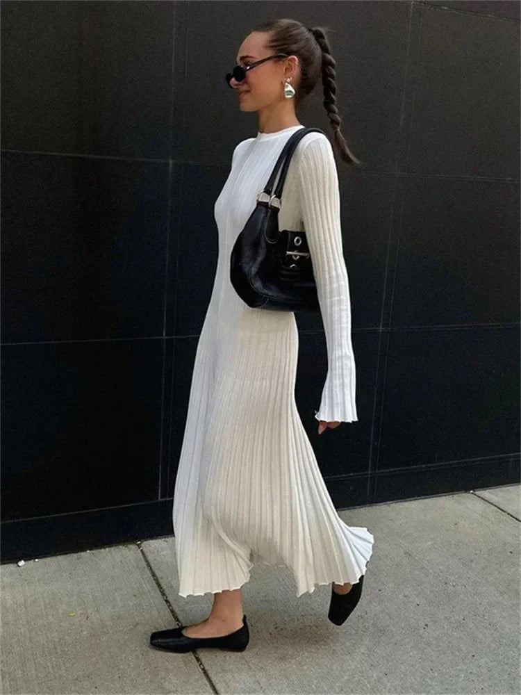 Women Elegant Solid Pleated Knitted Maxi Dress Casual Round Neck Long Sleeve Lace Up Dresses 2024 Autumn Lady High Street Robes - Seprincess