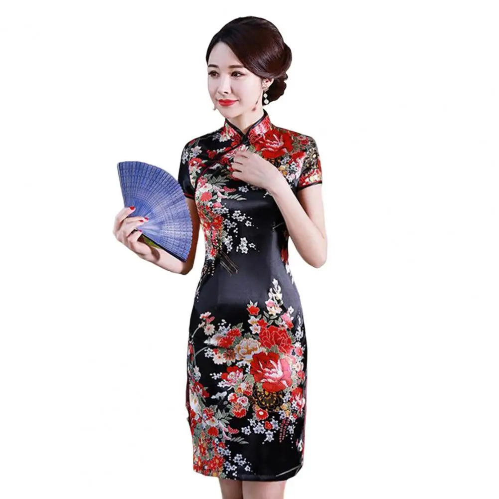 Women Cheongsam Mandarin Collar Short Sleeve Disc Buckles Side Split Lady Cheongsam Flower Print Chinese Style Qipao - Seprincess