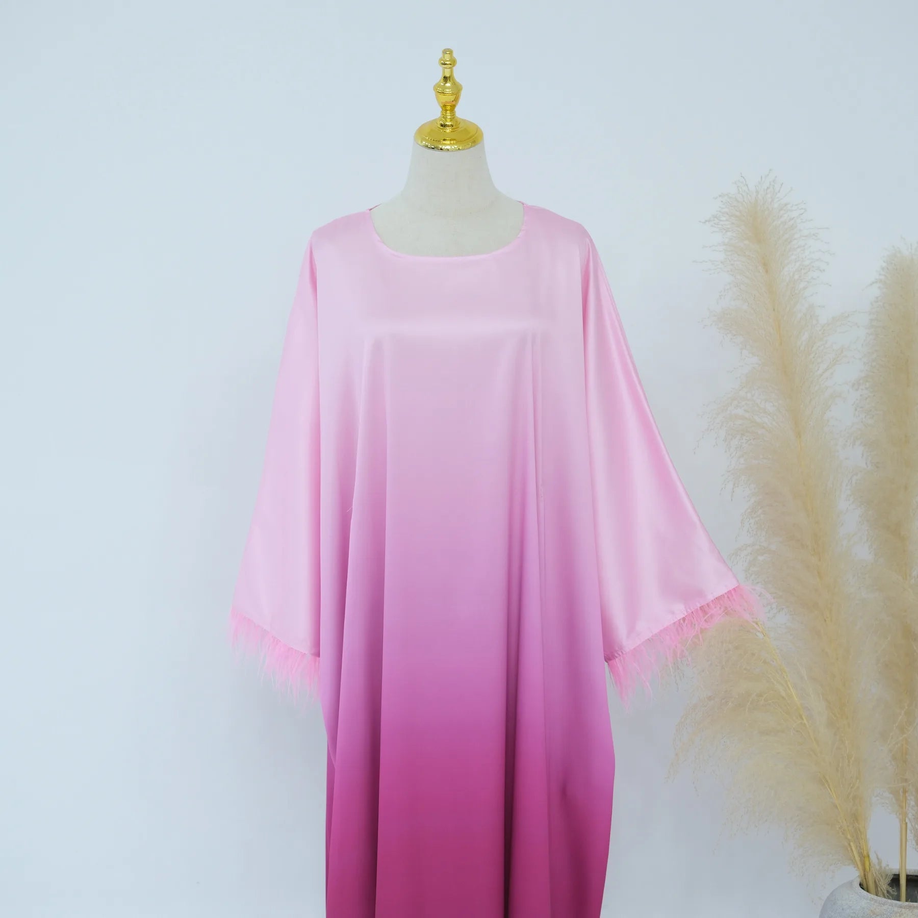 Fashion Shiny Feather Cuff Muslim Dress Robe Female Full Length Soft Butterflies Abaya Muslim Dress Worship Service Abaya wy2073 - Seprincess