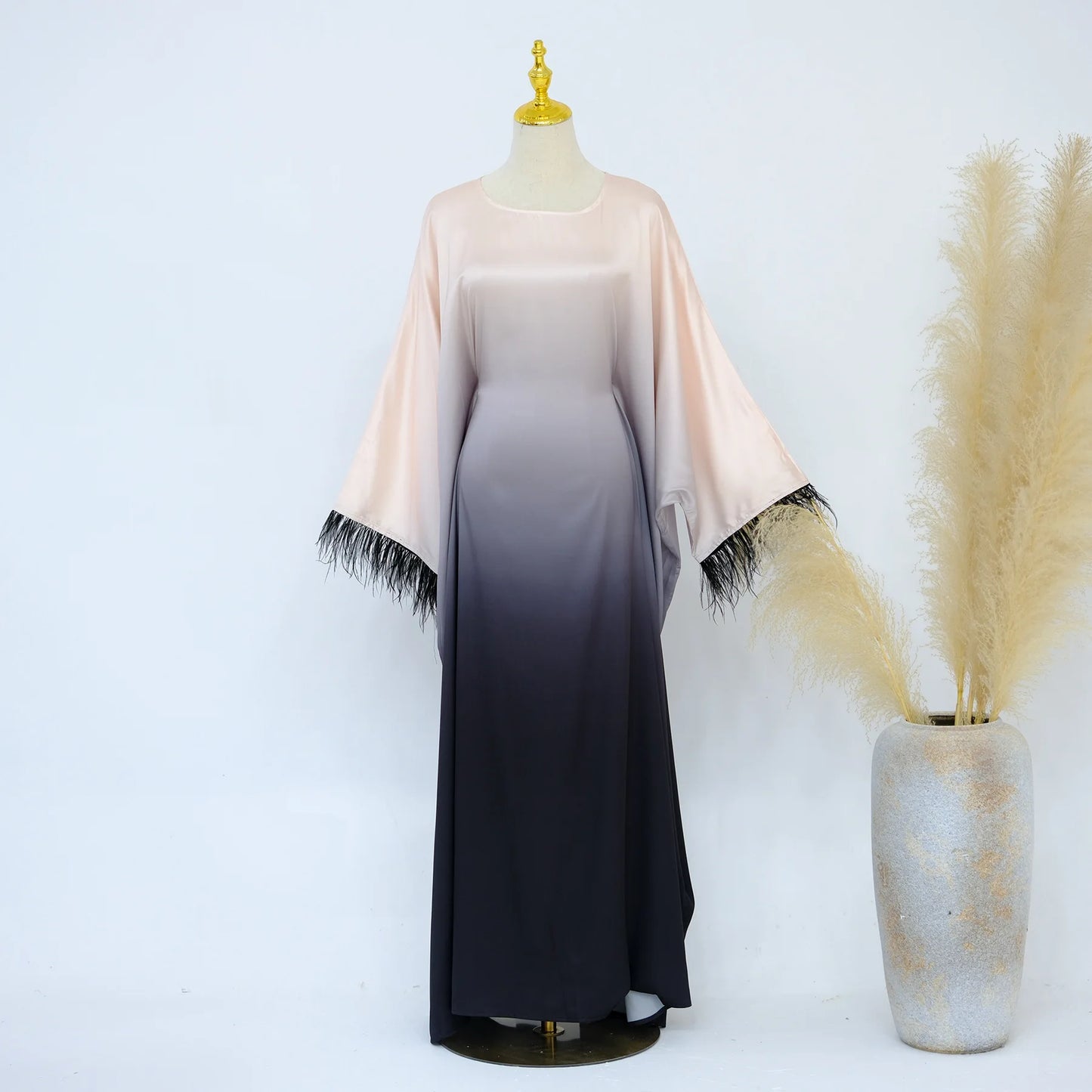 Fashion Shiny Feather Cuff Muslim Dress Robe Female Full Length Soft Butterflies Abaya Muslim Dress Worship Service Abaya wy2073