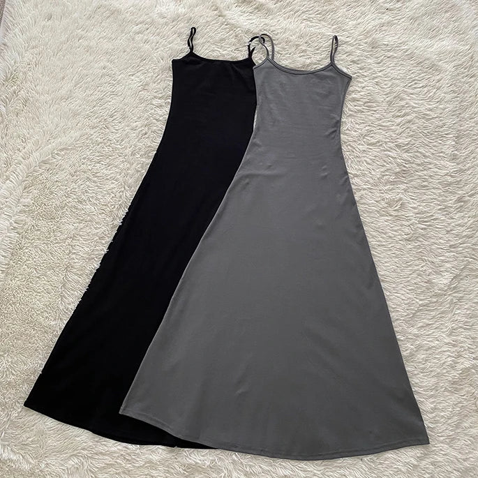 Sexy Womens Straps Dress Sleeveless Korean Fashion Summer Black Dress Grey Suspender Simple Temperament Longuette Skirt Dress