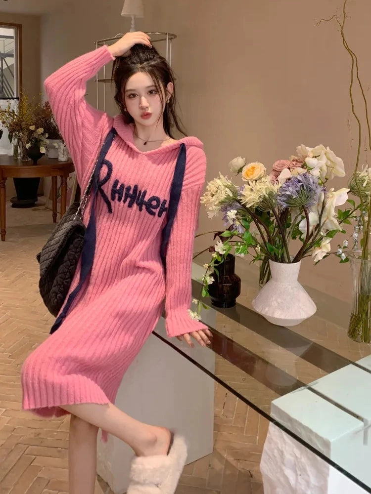 Autumn Winter Casual Dress for Women Long Sleeve O Neck Ruffles Hem Knitted Dresses Fashion Loose Elegant Streetwear - Seprincess