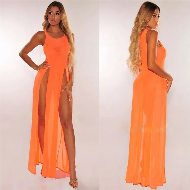 Women Sexy Long Dress Mesh Sheer See Through Bikini Cover Up Beach Sundress Solid Long Dress Sleeveless Strap Dress - Seprincess