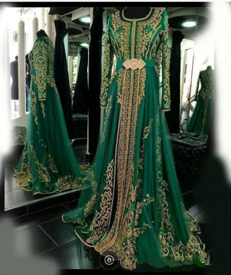 2024 Emerald Green Muslim Formal Evening Dresses Long Sleeves Abaya Designs Dubai Turkish Prom Dress Party Gowns Moroccan Kaftan - Seprincess