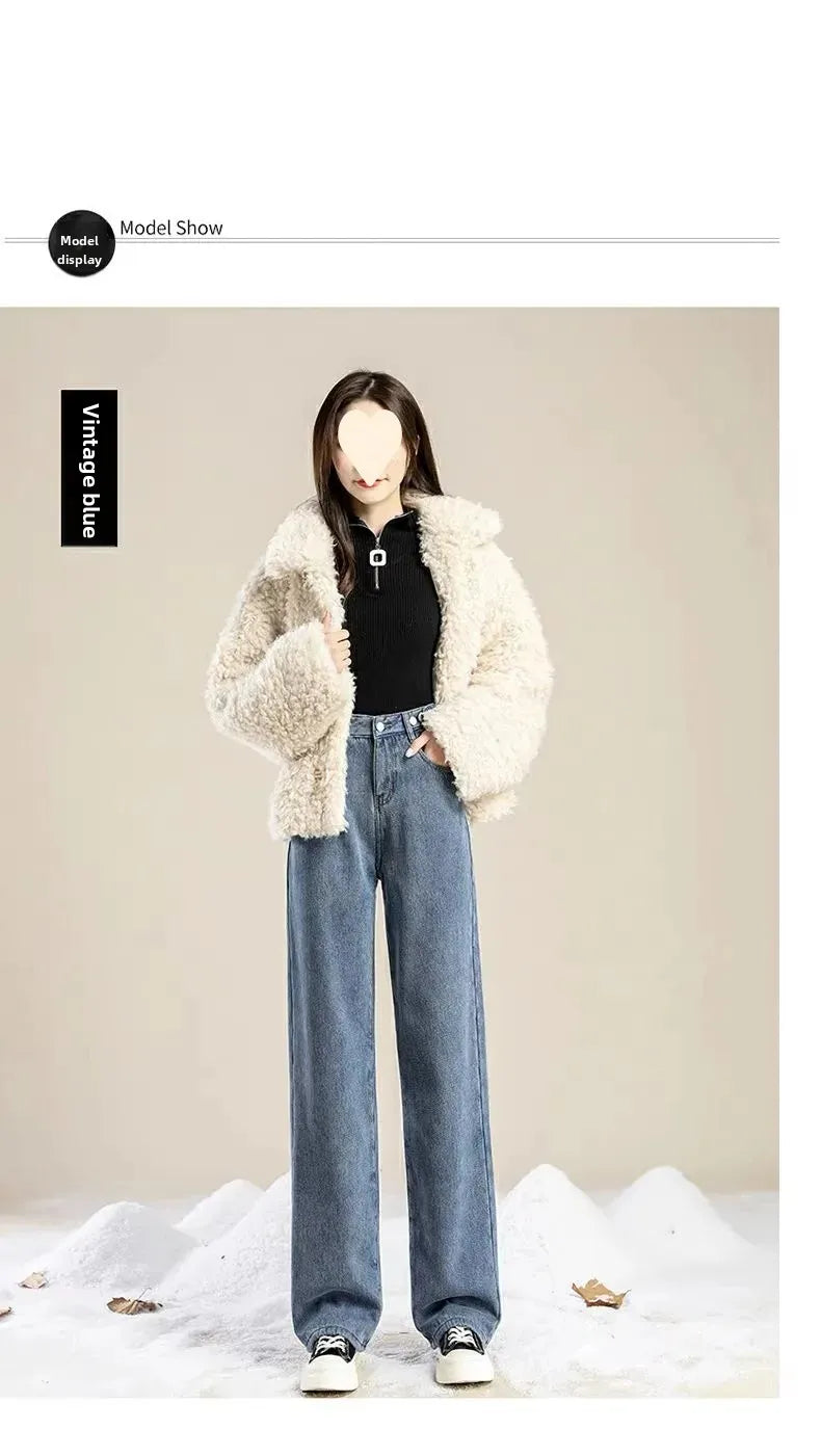 Thickened Fleece-Lined Warm Straight-Leg Jeans Design Adjustable High-Waisted Slimming Bell Bottoms Winter New Arrival