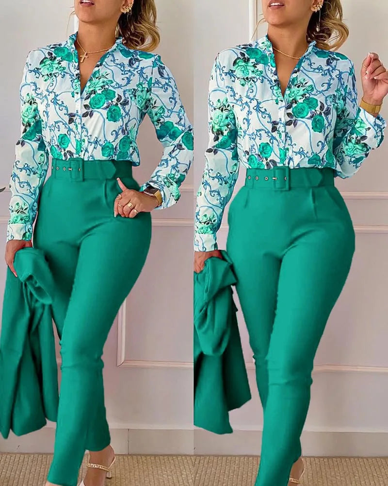 Elegant Women Printed Two Piece Suit Sets Spring Autumn V Neck Long Sleeve Shirt Top & Long Pants Set With Belt Workwear Outfits