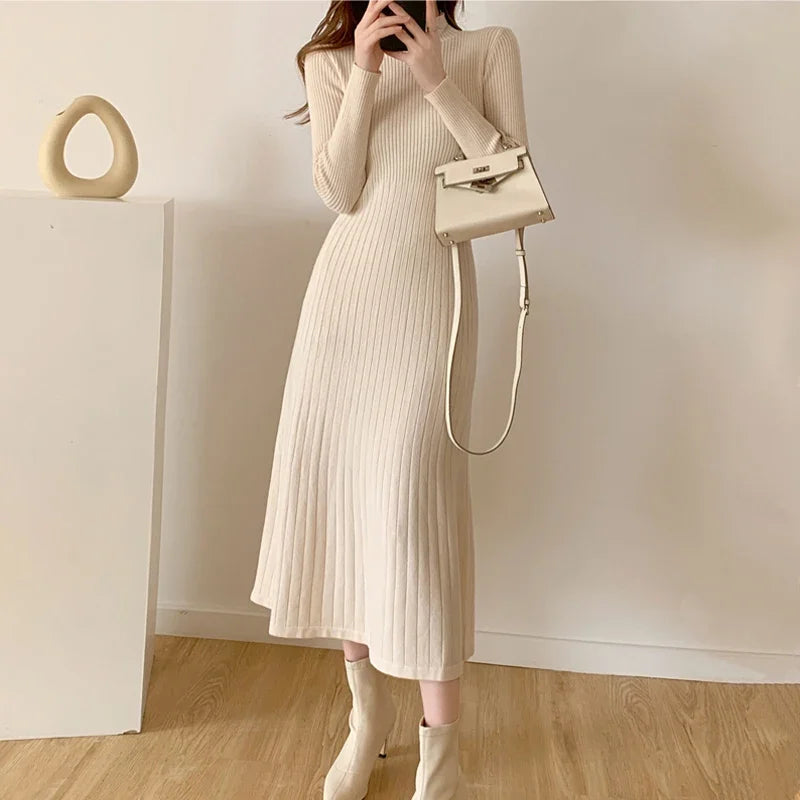 Autumn Winter 2024 Slim Long Sleeve Party Midi Dress for Women Knitted Half High Collar Elegant Knitted Sweater Dresses Ladies - Seprincess