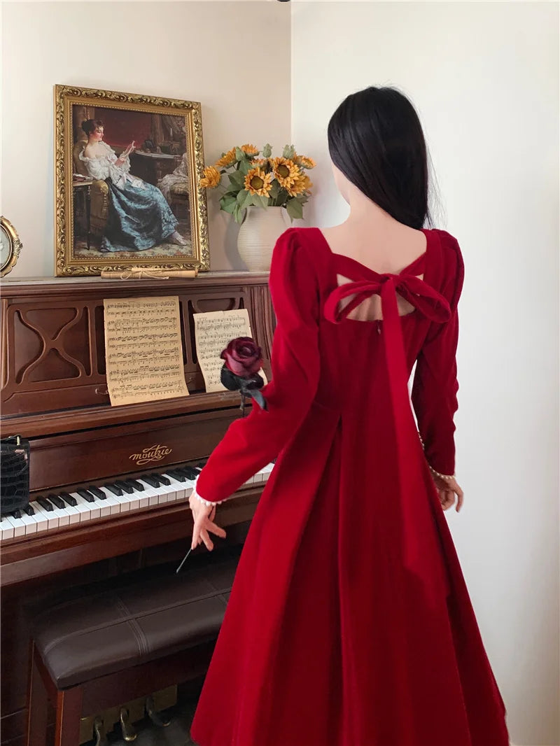 Burgundy Velvet Prom Dresses Square Collar Long Sleeve Pearl Crystal Long Engagement Dress Plus Size Female Formale Gowns - Seprincess