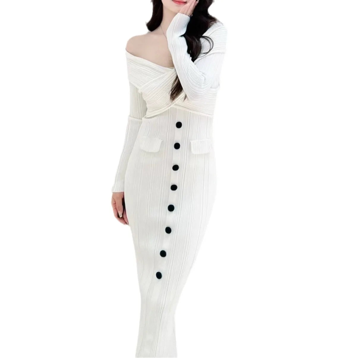 Women Slim V-Neck Knitted Dress Single-Breasted White Long Sleeve Ladies One-Shoulder Package Hip Long Robe - Seprincess