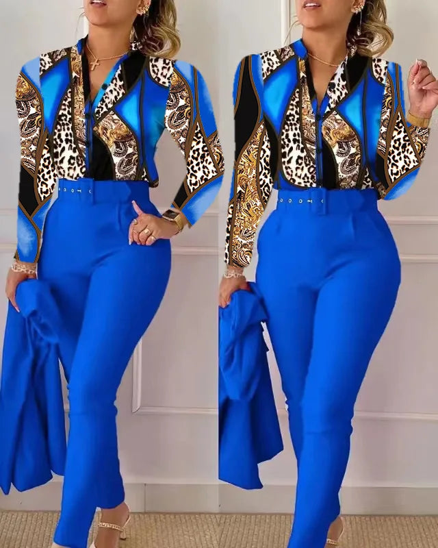 Elegant Women Printed Two Piece Suit Sets Spring Autumn V Neck Long Sleeve Shirt Top & Long Pants Set With Belt Workwear Outfits - Seprincess