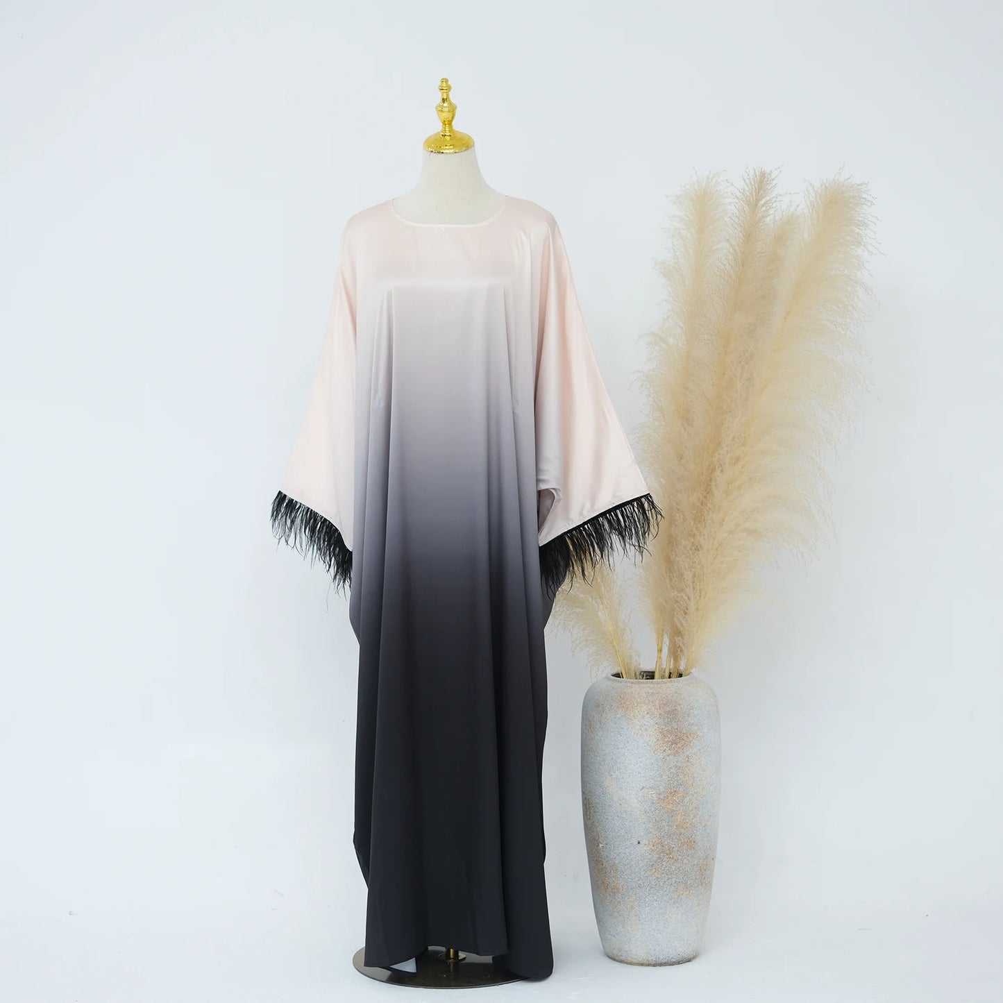 Fashion Shiny Feather Cuff Muslim Dress Robe Female Full Length Soft Butterflies Abaya Muslim Dress Worship Service Abaya wy2073