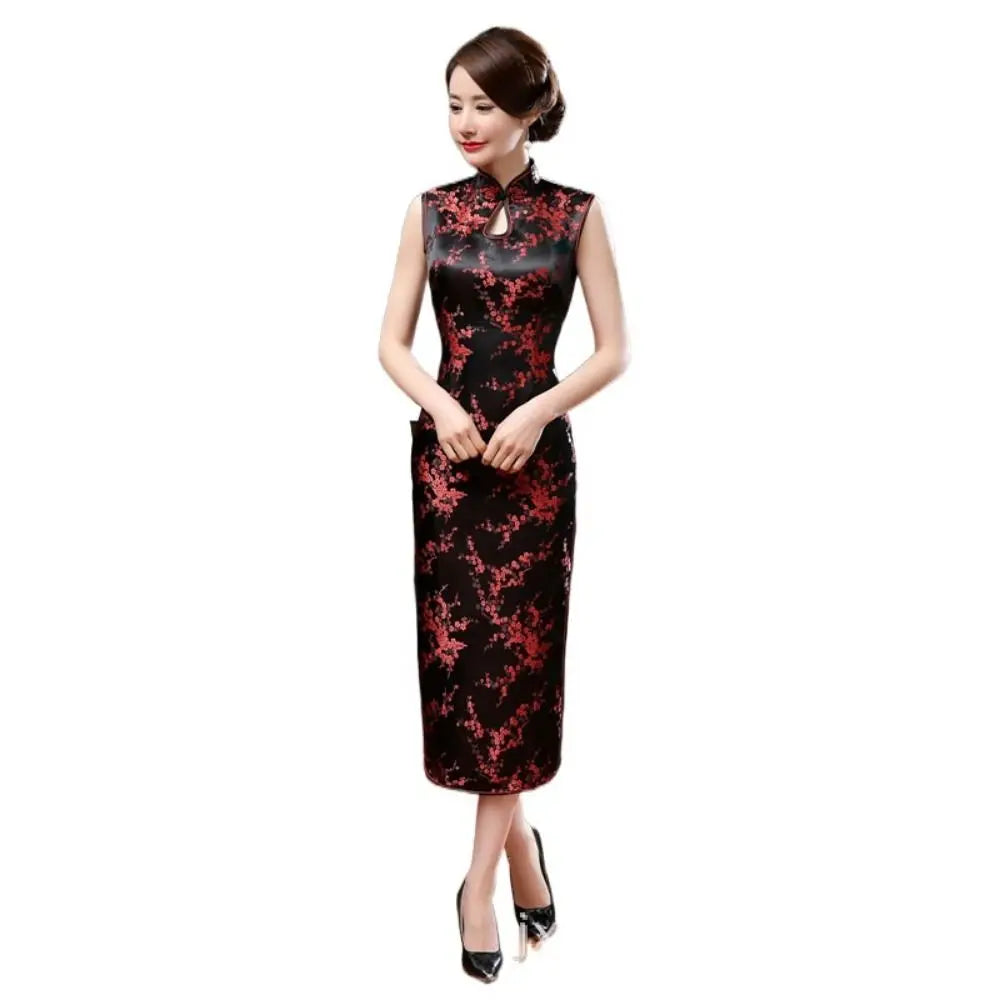 Floral Print Cheongsam Dresses Mandarin Collar Vintage Bodycon Dresses Maxi Chinese Style Chinese Qipao Evening Dress - Seprincess