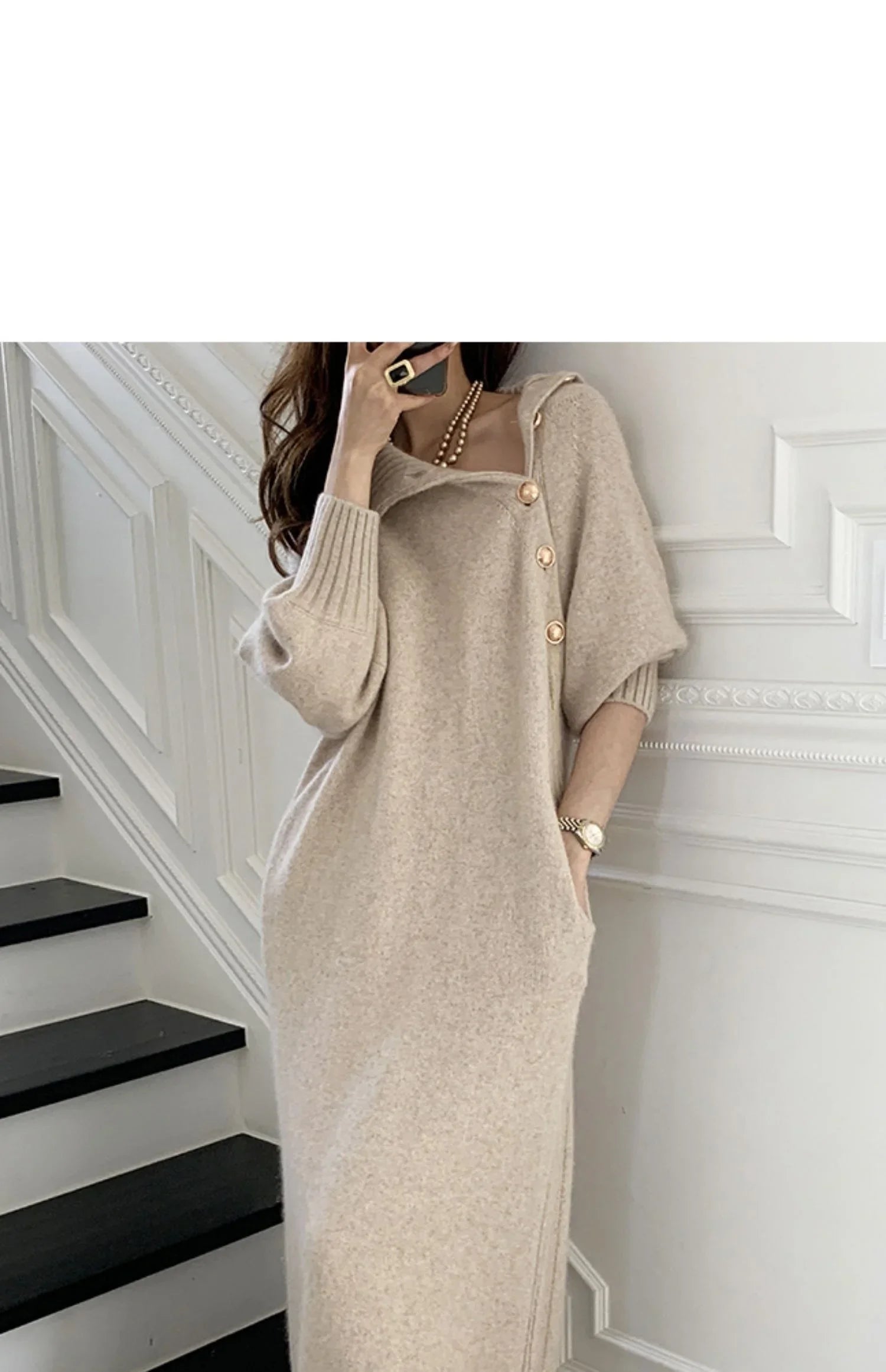 Winter Turtleneck Buttons Women Knitted Dress Elegant Full Sleeve Lace-up Female Thicken Long Dress for Sweater Autumn New - Seprincess