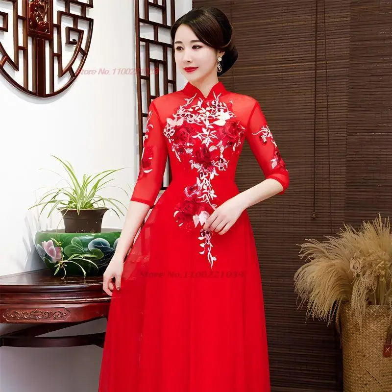 2024 women improved qipao dress elegant lace flower embroidery cheongsam vintage banquet qipao oriental evening dress vestido - Seprincess