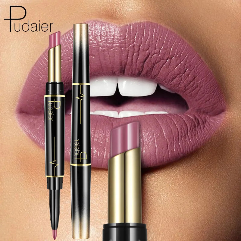 Pudaier Makeup 2 in 1 Matte Lipstick & Lip Liner Nude Lip Stick Pencil Make up Cosmetics Lip Balm Matt Cream Lipbalm Lipliner - Seprincess