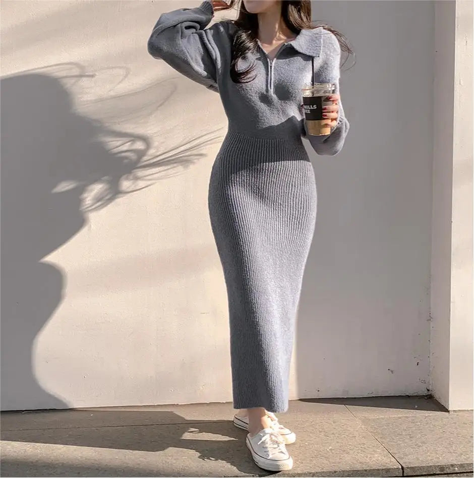 Vintage Long Sleeve V-neck Knitted Sweater Midi Dresses for Women Zipper Lapel Elegant Warm Bodycon Dresses Autumn Winter 2024 - Seprincess