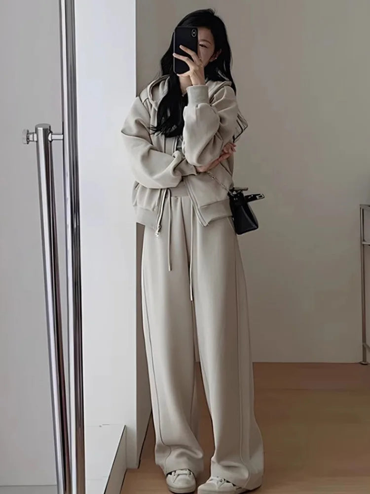 2024 Autumn Winter New Solid Loose Women's Hoodie and Sweatpants Two Piece Set Korean Fashion Y2k Zip Up Hoodie Sweatshirts - Seprincess