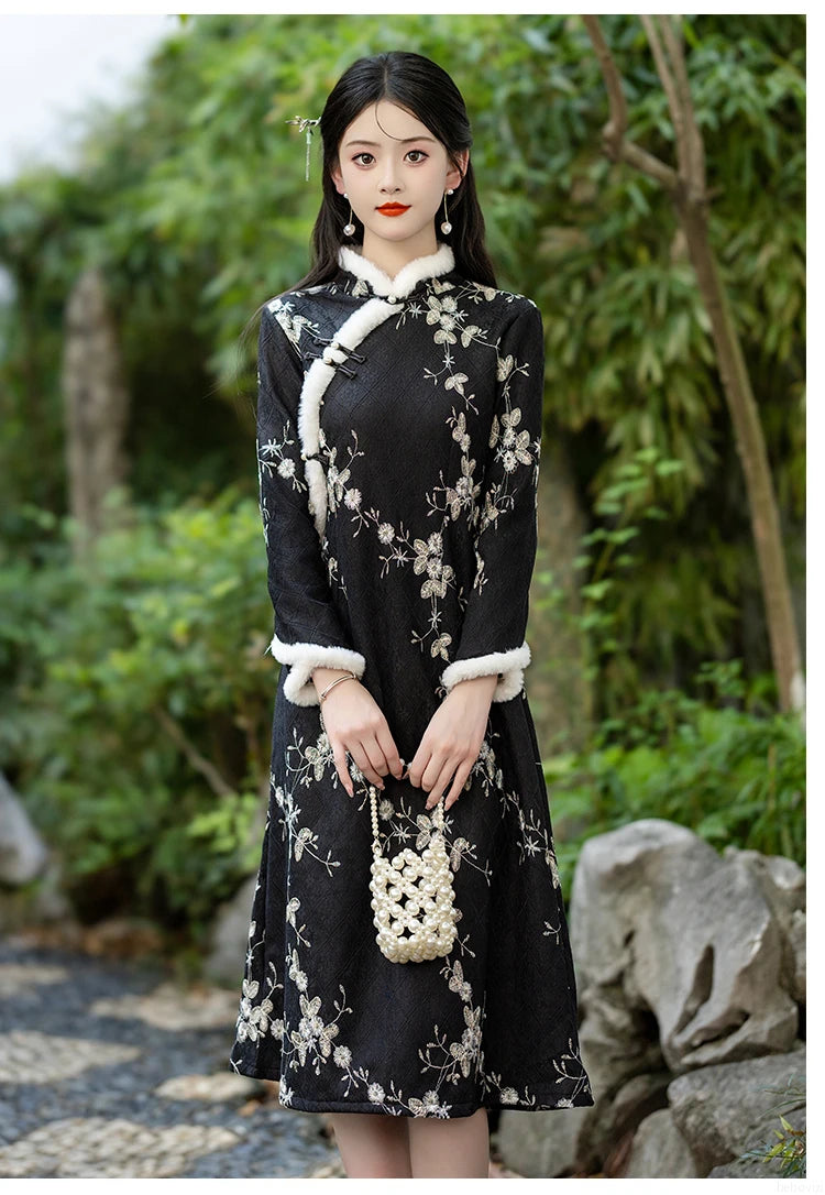 Fashion Chinese Style Traditional Fleece Thick Qipao Dress Winter New Printed Black Cheongsam for Women - Seprincess