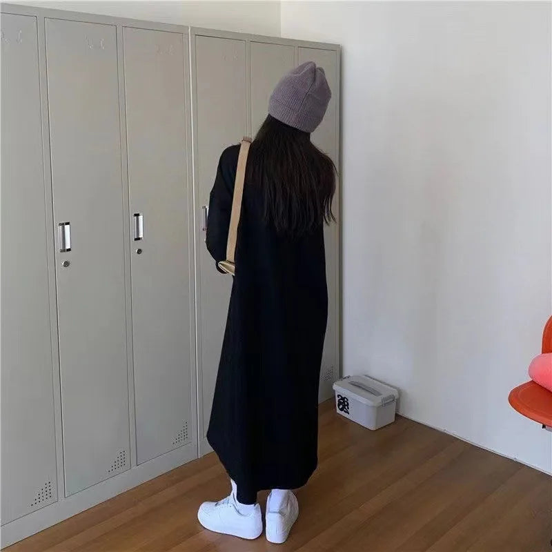 Simple Long Dresses Lazy Style Drawstring Regular Sleeve Slit Velvet Hoodie Dress Autumn Winter Suitable Daily Street Wear - Seprincess