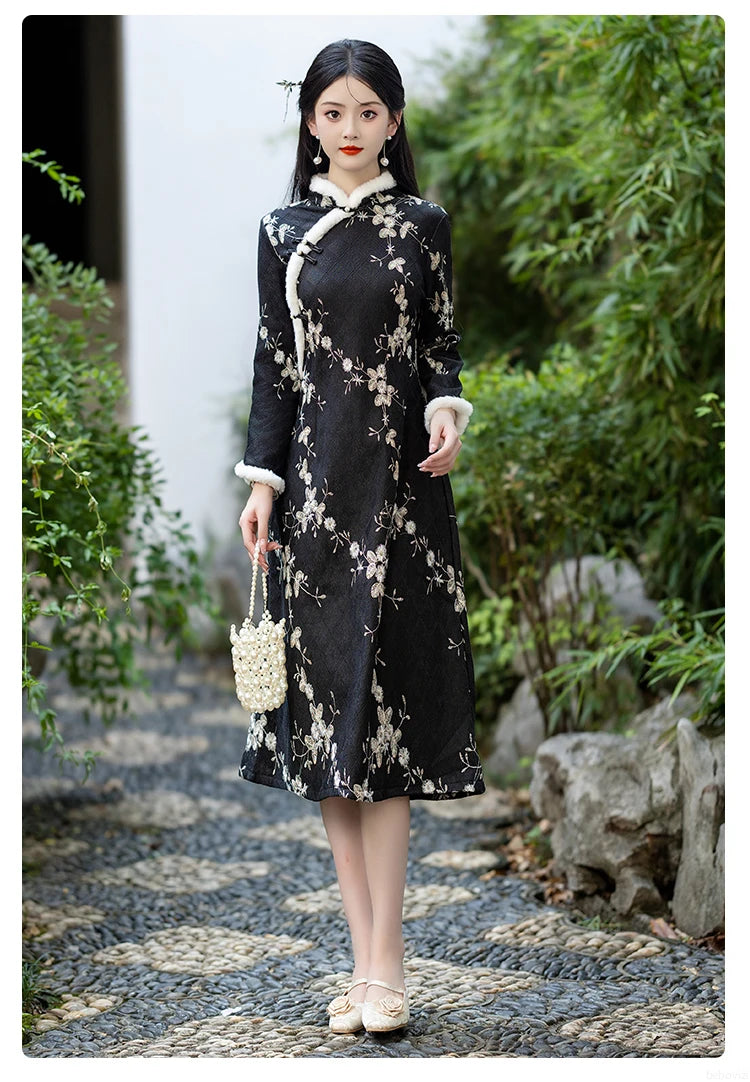 Fashion Chinese Style Traditional Fleece Thick Qipao Dress Winter New Printed Black Cheongsam for Women - Seprincess