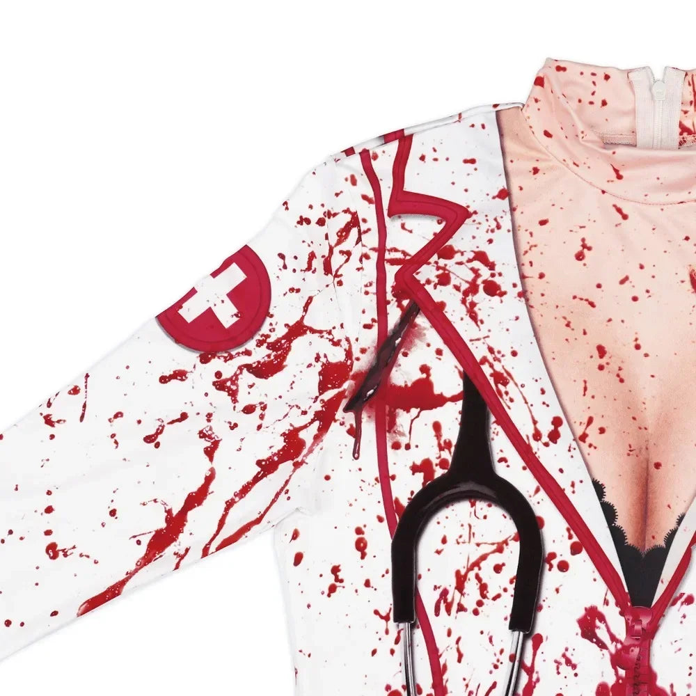 Halloween Nurse Zombie Costume Women's Clothing Crew Neck Long-sleeved Dress Women Halloween Costumes for Women - Seprincess