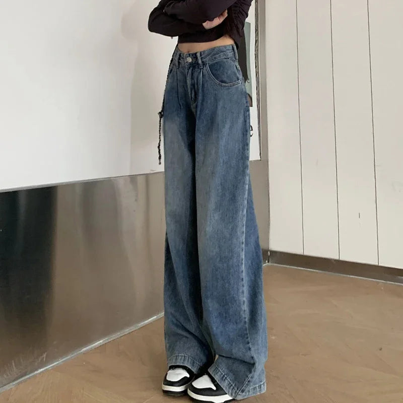 2024 Woman High Waist Vintage Baggy Jeans Lady Streetwear Wide Leg Pants Female Fashion Gray Blue Grey Light Blue Denim Trousers