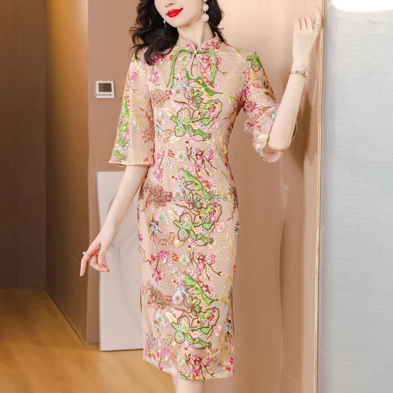 2024 new chinese improved elegant cheongsam woman summer national style gauze retro slimming embroidered half sleeve qipao dress - Seprincess