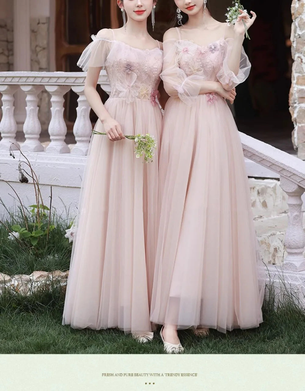 4 Styles Pink Bridesmaid Dress Women's Elegant Thin Tulle Off The Shoulder Flower Appliques A-line Wedding Party Guest Vestido - Seprincess