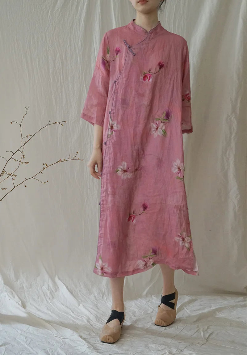 New Chinese Style Retro Improved Hanfu Dress Art Ramie Printed Cheongsam Zen Dress National Style Original Design Qipao Women - Seprincess