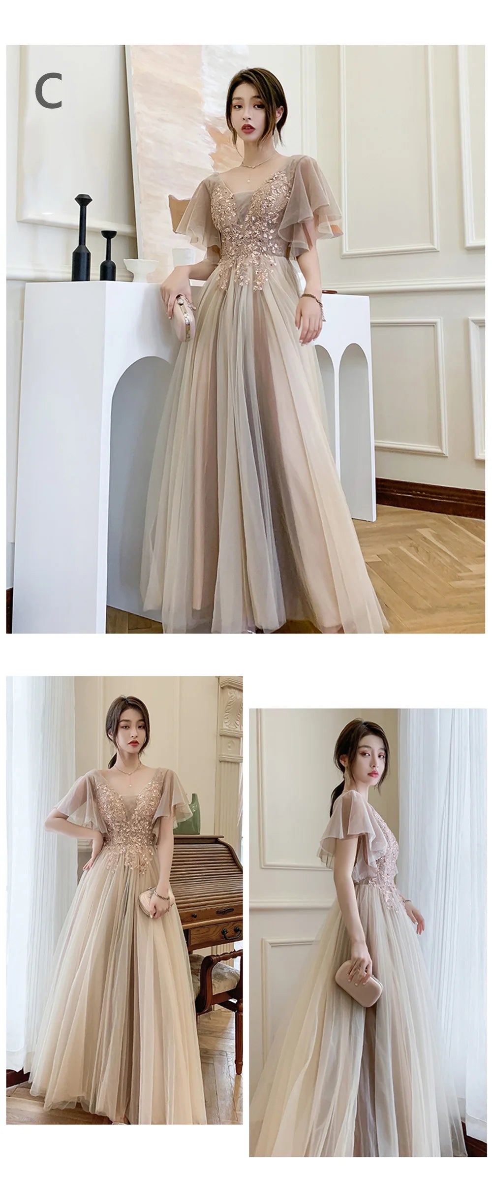 4 styles Champagne Pink Bridesmaid Dress Women's Elegant Off Shoulder Ruffles Sleeves Gown Sequins Flower Applique Vestido - Seprincess