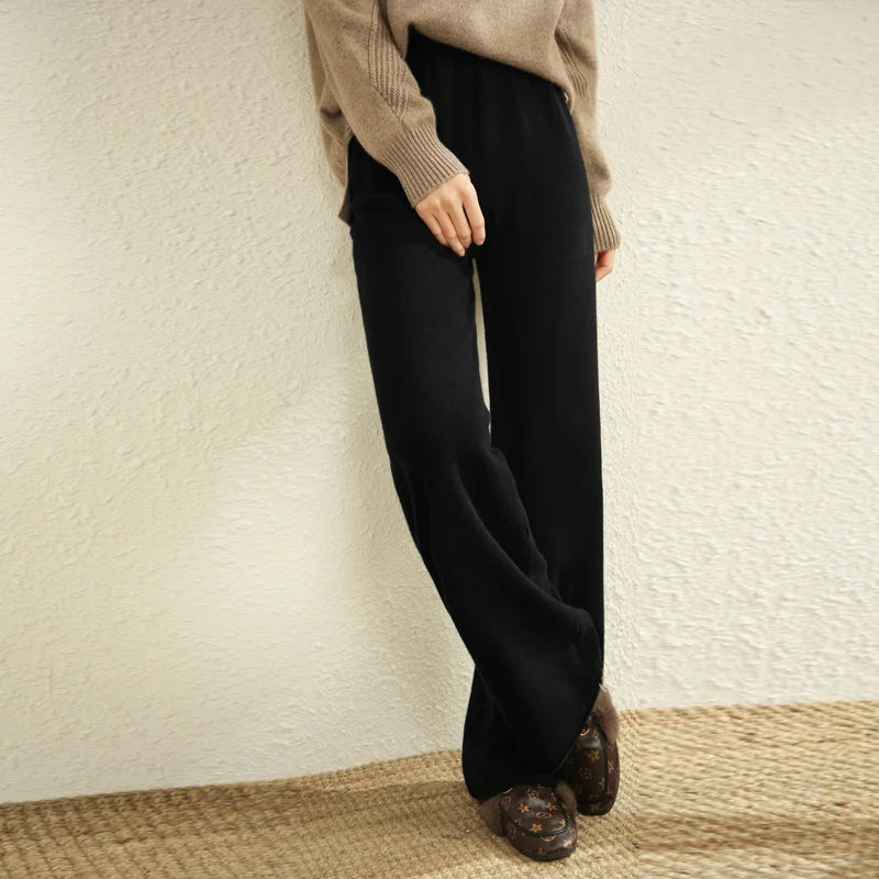 Autumn Winter New Women Wide-Leg Wool Pants 100% Merino Wool Quality Soft Elastic Waist Trousers Casual Knitted Popular Slacks