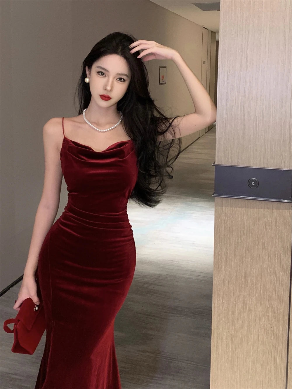 Vintage Sexy Club Prom Red Dresses for Women Spaghetti Strap Slit Velvet Dress Beach Bandage Bodycon Midi Dress Party Elegant - Seprincess