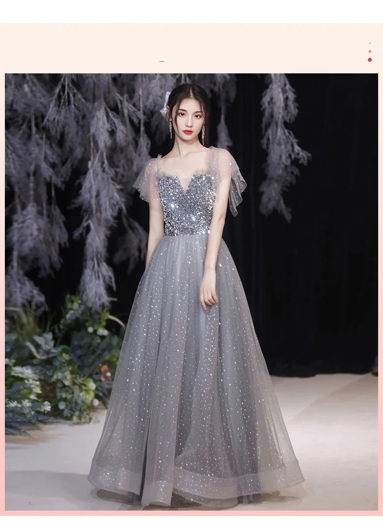 Grey Bridesmaid Evening Dress Women Off Shoulder Sequins Wedding Party Vestidos Fairy Temperament Sisters Group Gown Summer - Seprincess