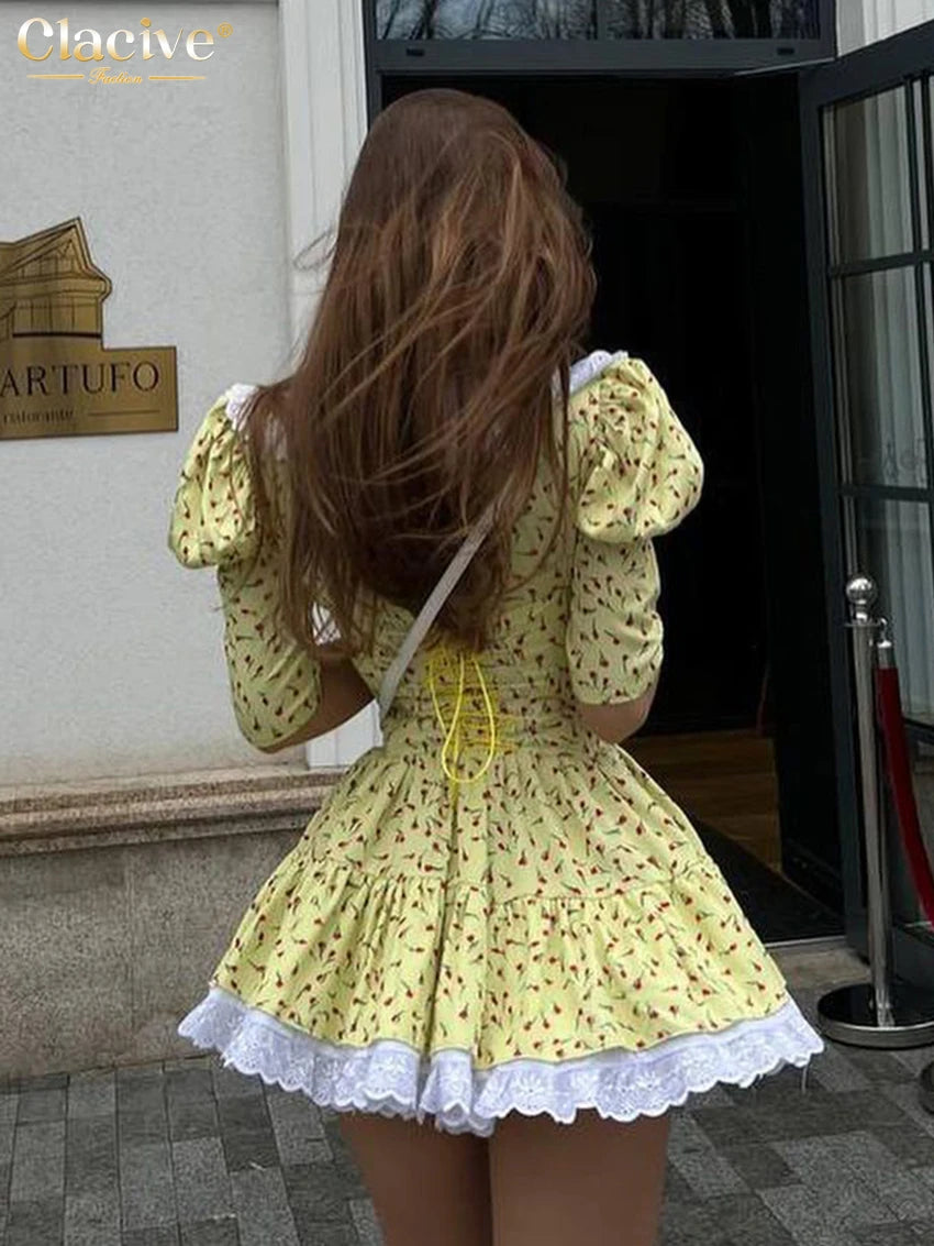 Clacive Summer Slim Print Women'S Dress 2023 Bodycon Doll Collar Short Sleeve Mini Dresses Elegant Lace Patchwork Female Dress - Seprincess