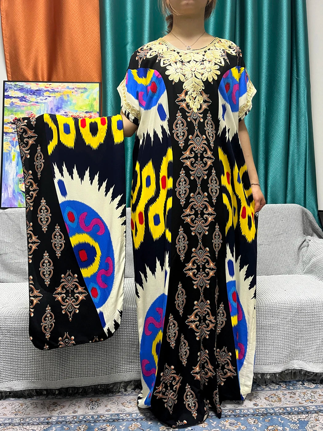 Muslim Printed Abayas For Women 2024 Dubai New Cotton Short SLeeves Appliques Loose Femme Robe African Islam Dresses With Hijabs