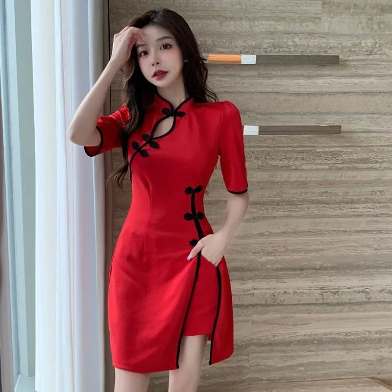 Vintage Patchwork Elegant Young Women Qipao Summer Short Sleeve Chinese Slim Improved Cheongsam Ladies Casual Retro Dress KK4449 - Seprincess