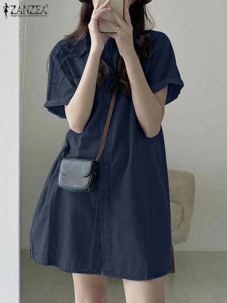 ZANZEA Summer Women Jeans Dress Vintage Short Sleeve Denim Sundress Causal Shirt Vestidos Retro Lapel Kaftan Loose Work Dresses - Seprincess