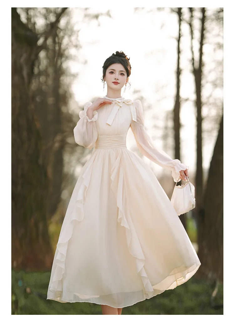 Tea Break French Bow Ruffle Edge Dress O-neck High Waist Flare Sleeve Long Skirt For Women Autumn New Gentle Elegant Dresses - Seprincess