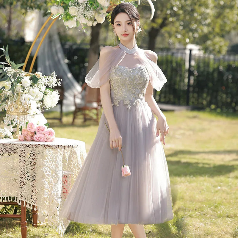 Temperament Grey Bridesmaid Dress Long Wedding Sisters Group Gown Elegant Applique Tulle Off Shoulder Banquet Party Vestido - Seprincess