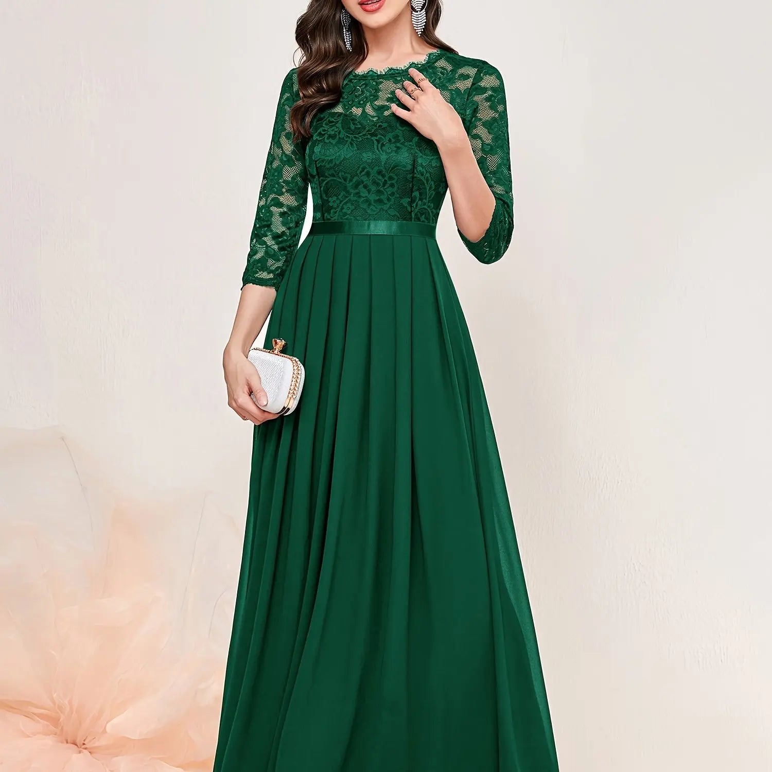 Contrast Lace Pleated Elegant Solid 3/4 Sleeve Party Maxi Formal Evening Dress - Seprincess