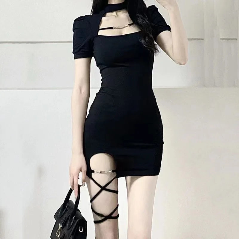 Black Hollow Out Spicy Girl Dress Women's 2024 Summer New Sexy Nightclub Short Sleeved T-shirt Skirt Wrap Hip Short Skirt XGIO - Seprincess