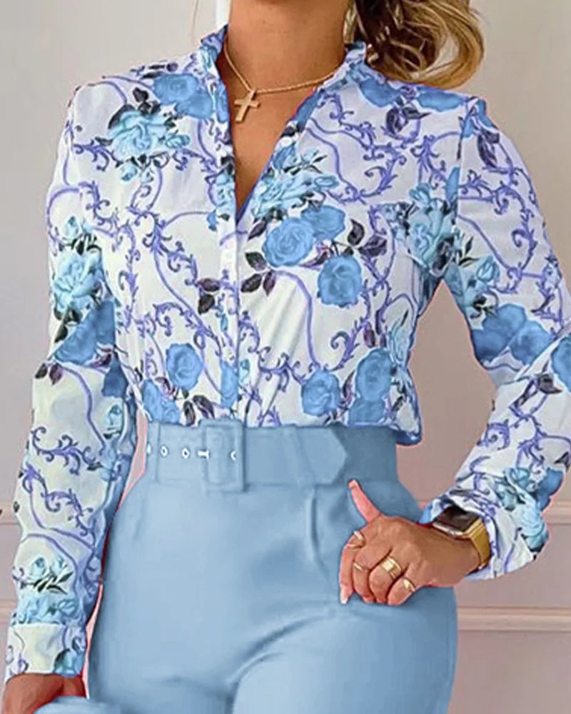 Elegant Women Printed Two Piece Suit Sets Spring Autumn V Neck Long Sleeve Shirt Top & Long Pants Set With Belt Workwear Outfits