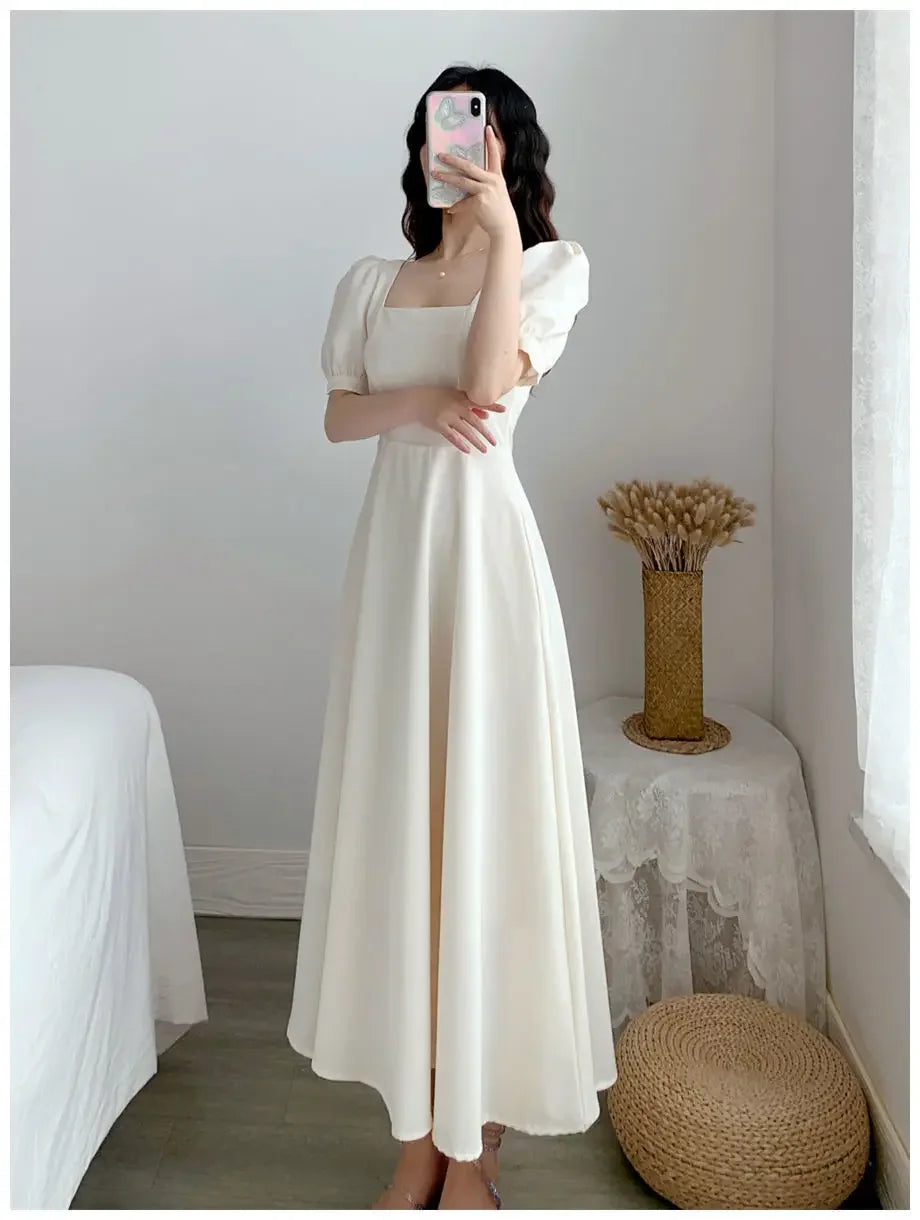 Slim Fit Women White Dress Bubble Sleeve Square Neck Light Wind Style Long Skirt Summer Casual Korean Style - Seprincess