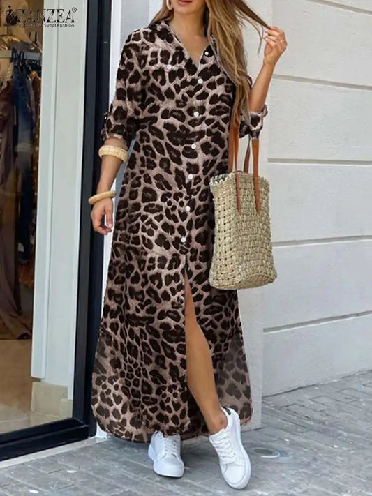 ZANZEA Women Leopard Print Dress Summer Autumn 2023 Half Sleeve Robe Split Sexy Long  Midi Shirt  Evening Dress Female Vestidos - Seprincess