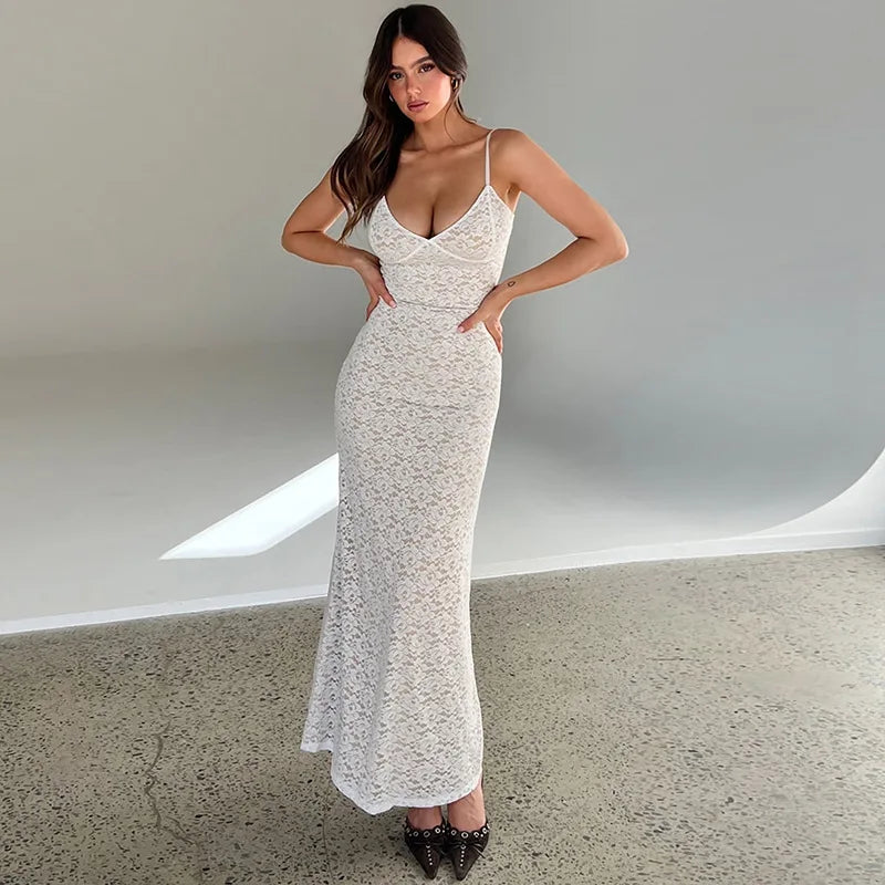 Tossy Lace Hollow Out Backless Maxi Dress Slim V-Neck See-Through High Street Summer Elegant Party Dress Fashion Slim Dress 2023 - Seprincess