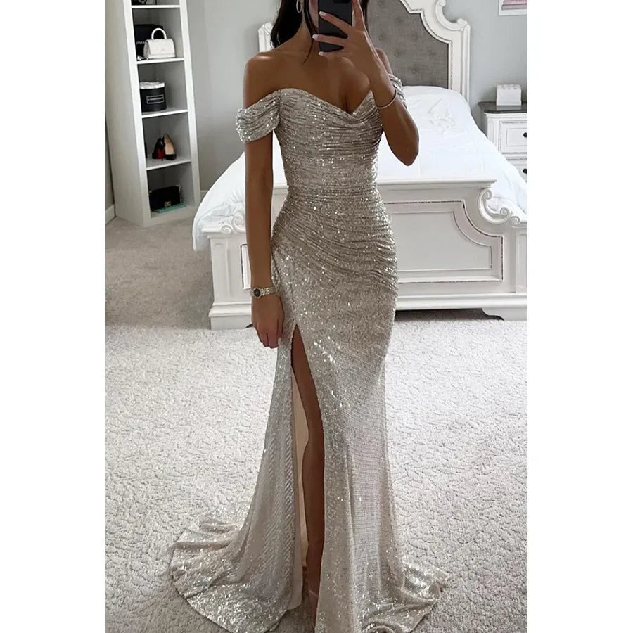 Womens Dresses New Party Sequin One Line Neckline Slit Dress Casual Fashion Dress for Women - Seprincess