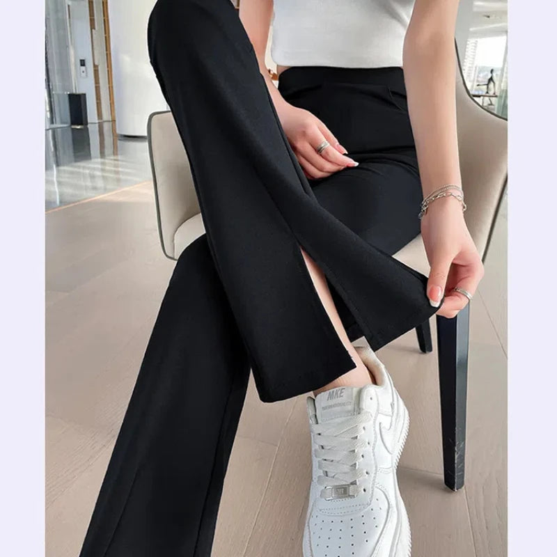 Spring Autumn Women's Clothing Solid Elastic High Waisted Pockets Casual Formal Trousers Straight Office Lady Cropped Pants